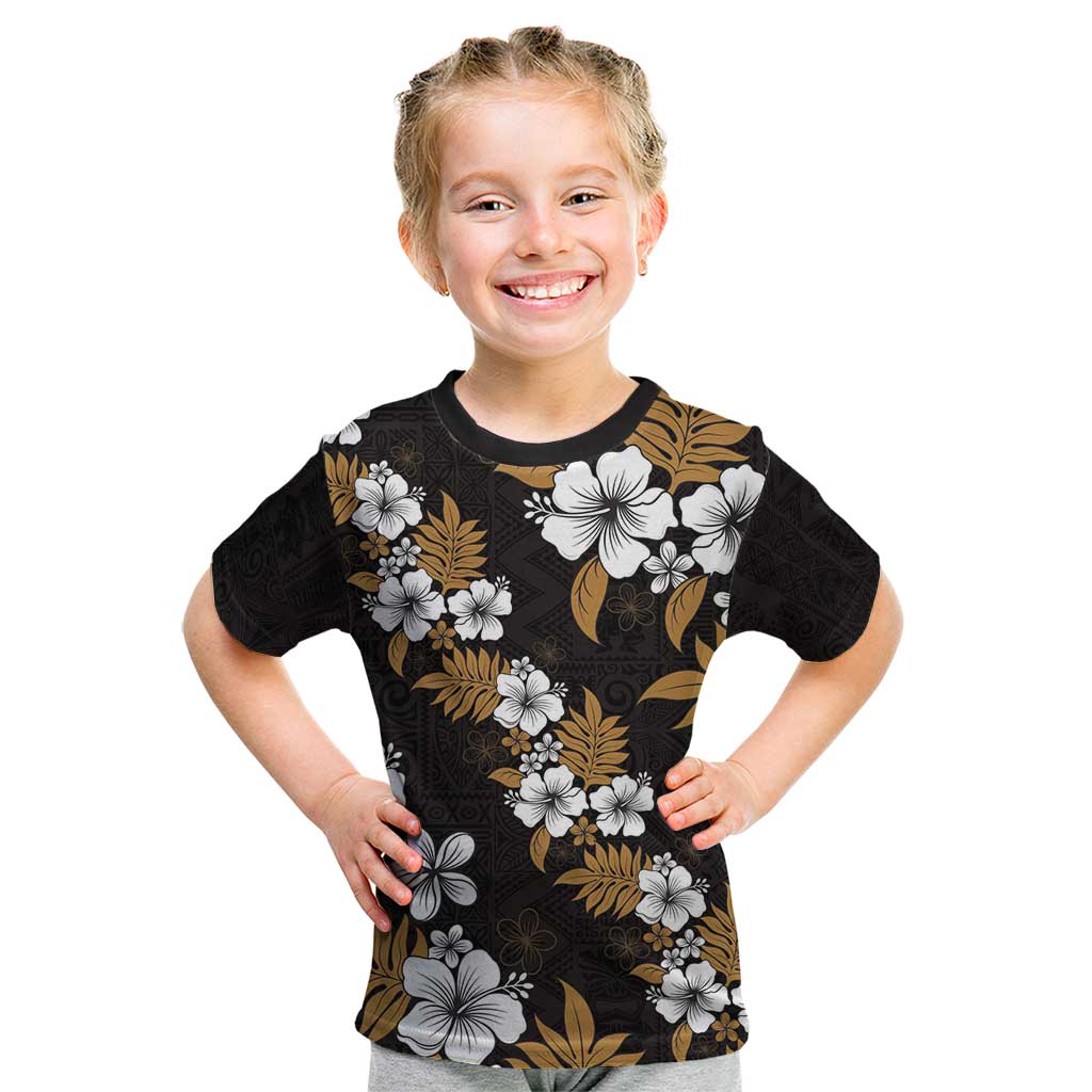 Hawaiian Hibiscus Tribal Floral Brown Kid T Shirt Polynesian Tapa Pattern - Polynesian Pride