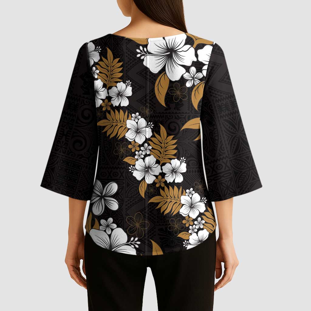 Hawaiian Hibiscus Tribal Floral Brown Kimono Sleeve Blouse Polynesian Tapa Pattern - Polynesian Pride
