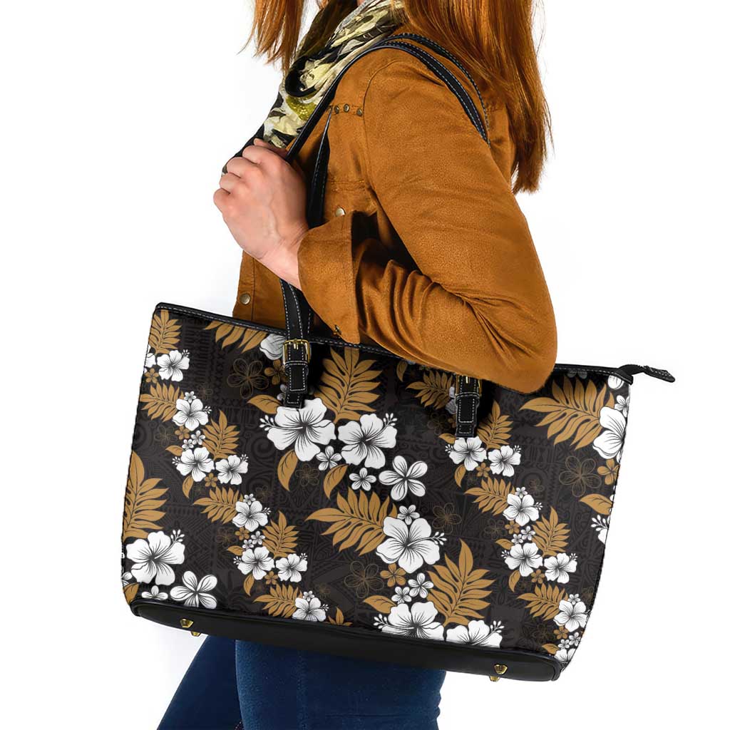 Hawaiian Hibiscus Tribal Floral Brown Leather Tote Bag Polynesian Tapa Pattern - Polynesian Pride