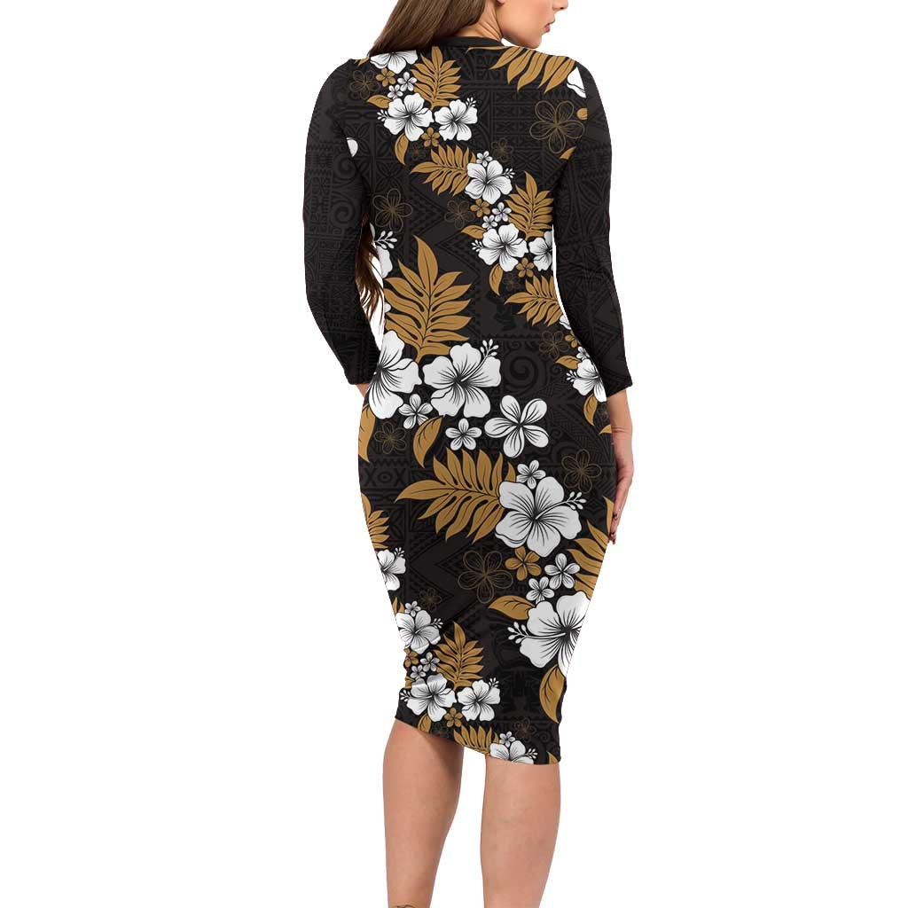 Hawaiian Hibiscus Tribal Floral Brown Long Sleeve Bodycon Dress Polynesian Tapa Pattern - Polynesian Pride