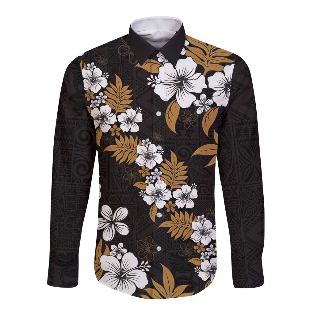 Hawaiian Hibiscus Tribal Floral Brown Long Sleeve Button Shirt Polynesian Tapa Pattern - Polynesian Pride