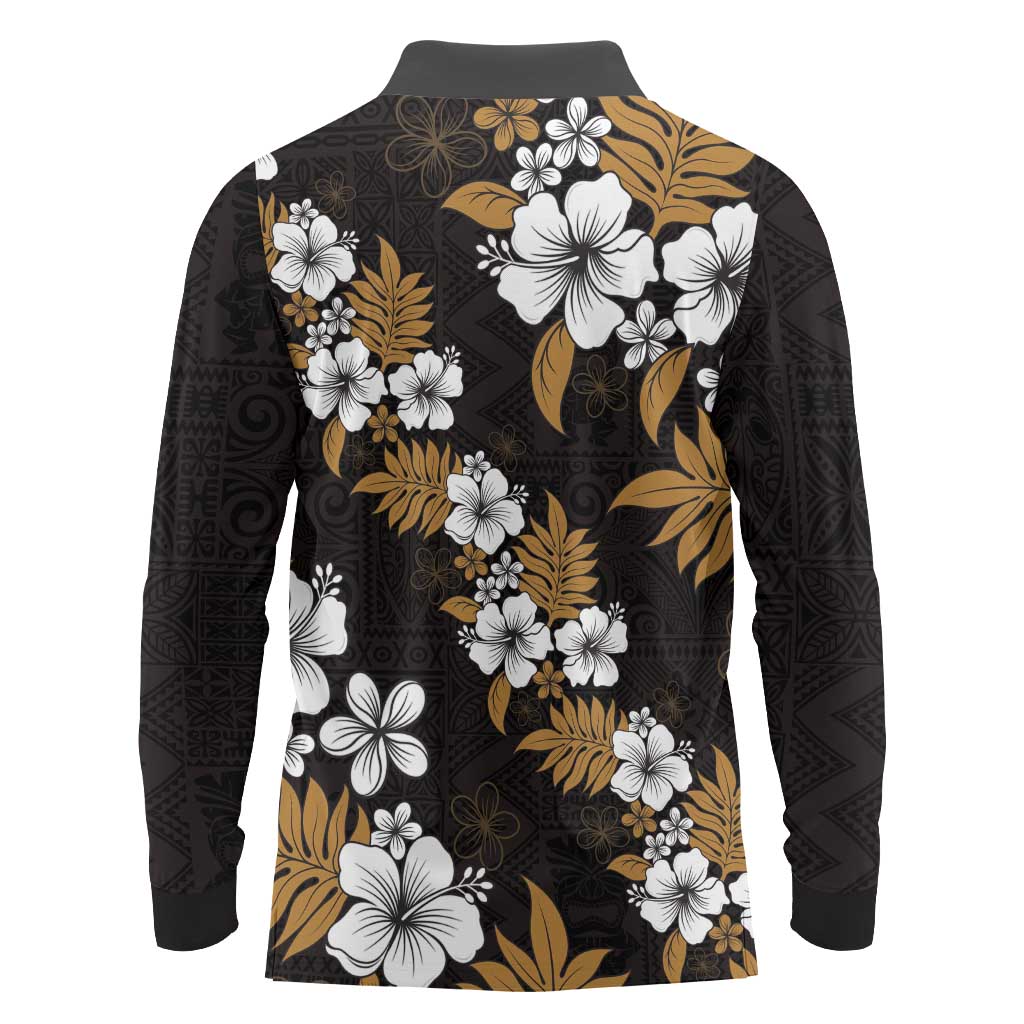 Hawaiian Hibiscus Tribal Floral Brown Long Sleeve Polo Shirt Polynesian Tapa Pattern - Polynesian Pride