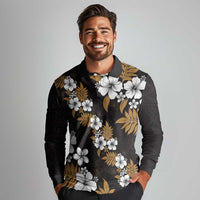 Hawaiian Hibiscus Tribal Floral Brown Long Sleeve Polo Shirt Polynesian Tapa Pattern - Polynesian Pride