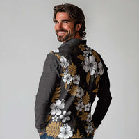 Hawaiian Hibiscus Tribal Floral Brown Long Sleeve Polo Shirt Polynesian Tapa Pattern - Polynesian Pride