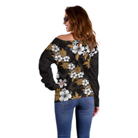 Hawaiian Hibiscus Tribal Floral Brown Off Shoulder Sweater Polynesian Tapa Pattern - Polynesian Pride