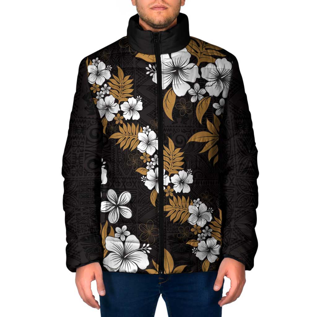 Hawaiian Hibiscus Tribal Floral Brown Padded Jacket Polynesian Tapa Pattern - Polynesian Pride