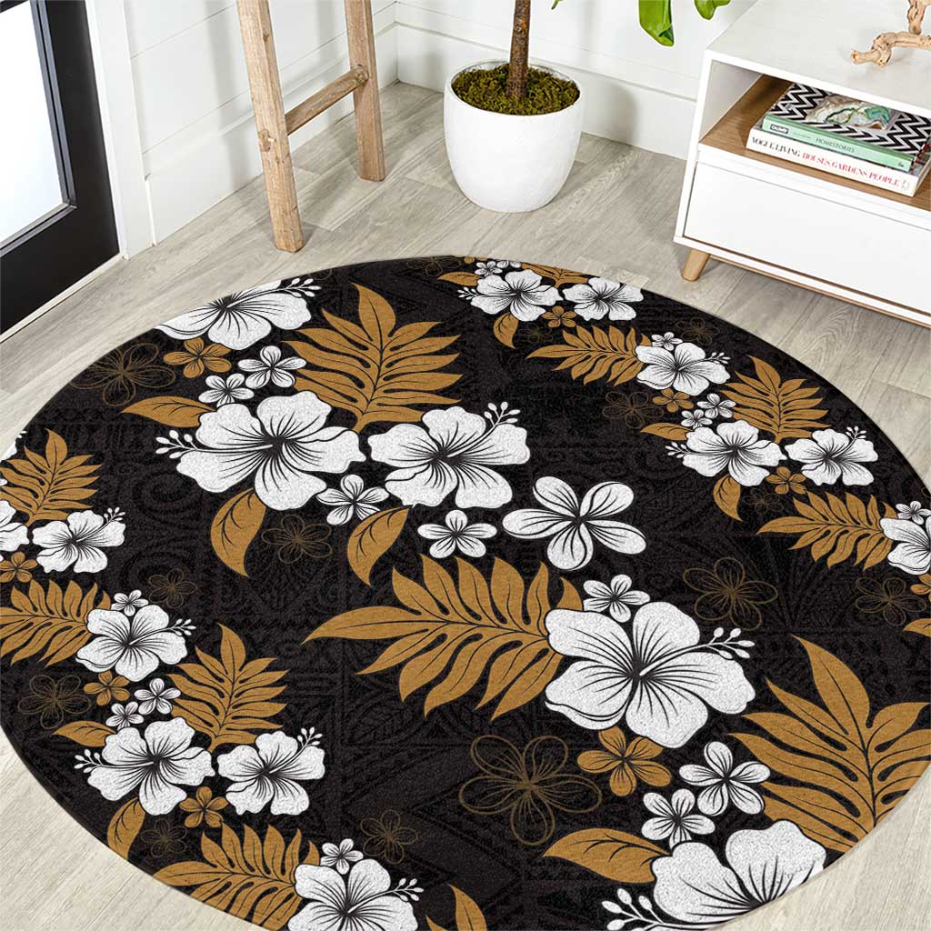 Hawaiian Hibiscus Tribal Floral Brown Round Carpet Polynesian Tapa Pattern - Polynesian Pride