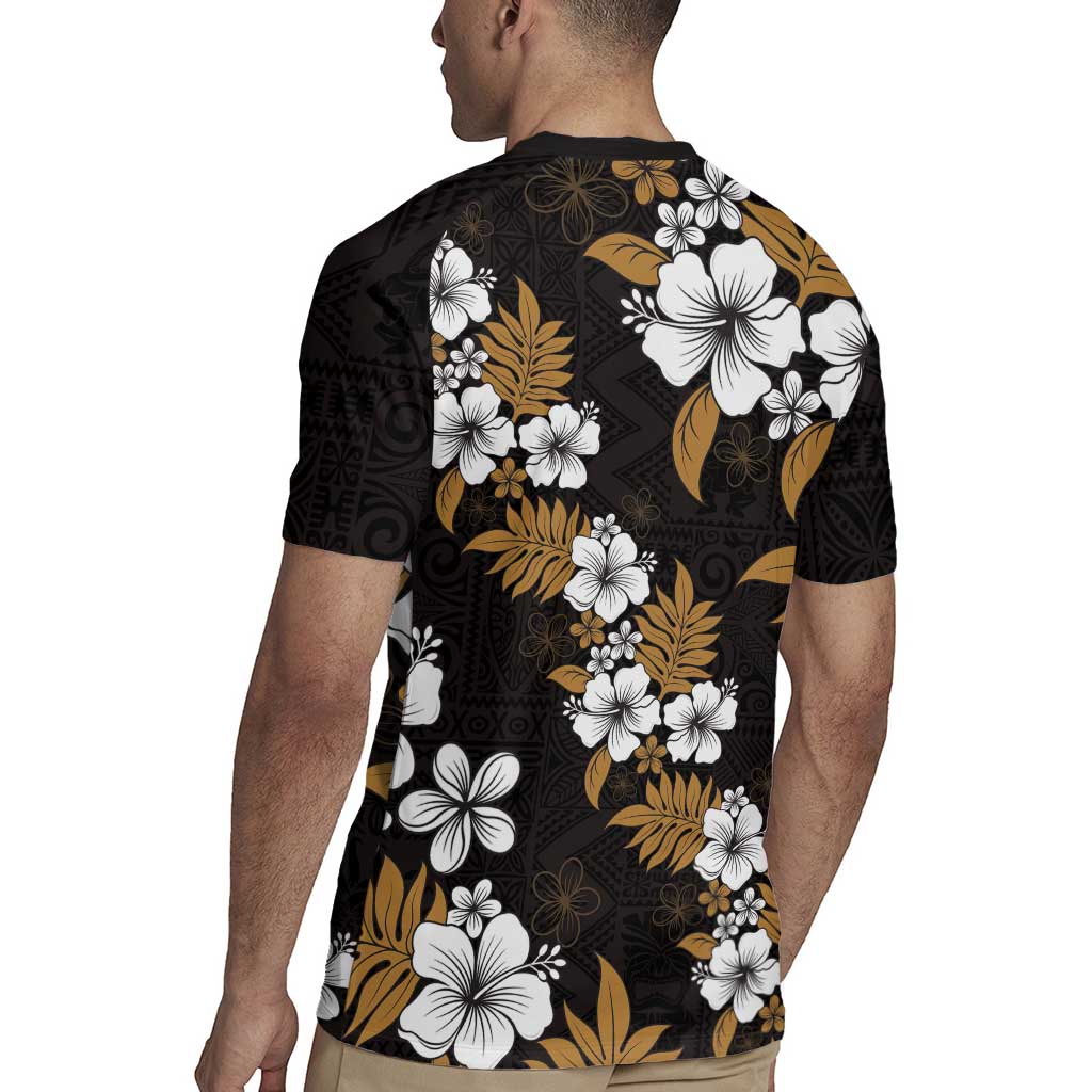 Hawaiian Hibiscus Tribal Floral Brown Rugby Jersey Polynesian Tapa Pattern - Polynesian Pride