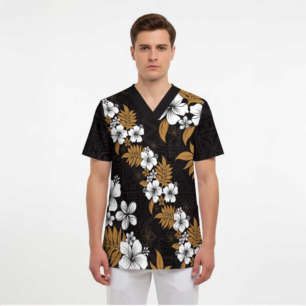 Hawaiian Hibiscus Tribal Floral Brown Scrub Top Polynesian Tapa Pattern - Polynesian Pride