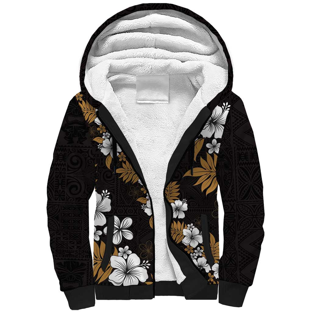 Hawaiian Hibiscus Tribal Floral Brown Sherpa Hoodie Polynesian Tapa Pattern - Polynesian Pride