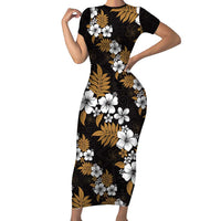 Hawaiian Hibiscus Tribal Floral Brown Short Sleeve Bodycon Dress Polynesian Tapa Pattern - Polynesian Pride