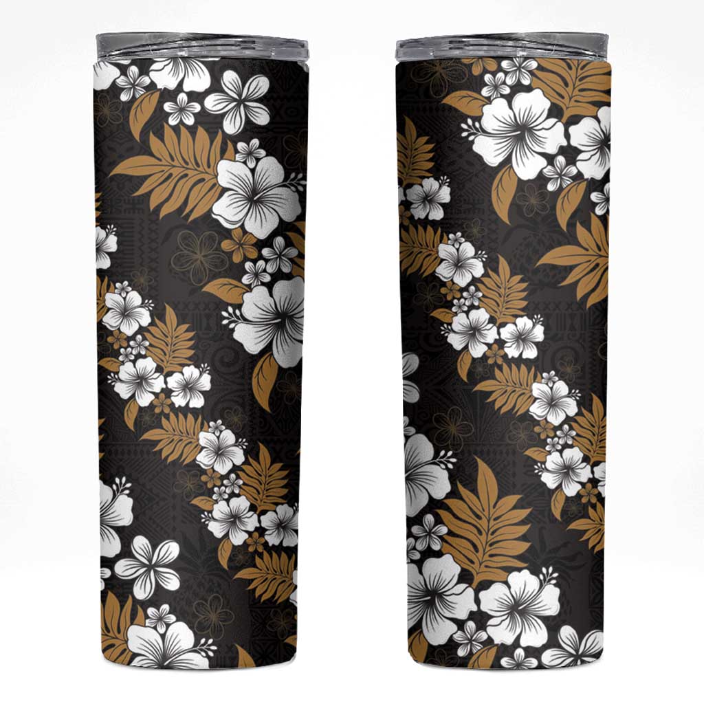 Hawaiian Hibiscus Tribal Floral Brown Skinny Tumbler Polynesian Tapa Pattern - Polynesian Pride