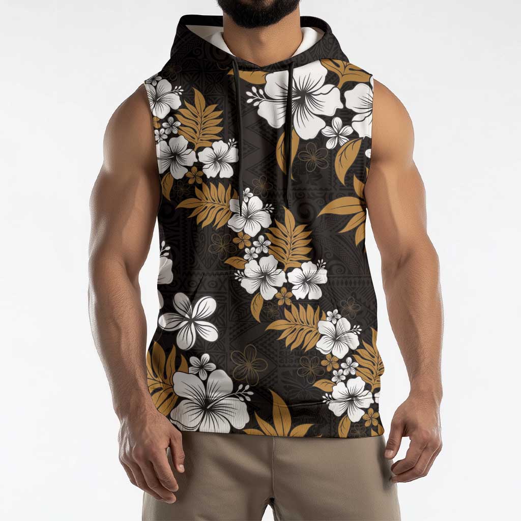 Hawaiian Hibiscus Tribal Floral Brown Sleeveless Hoodie Polynesian Tapa Pattern - Polynesian Pride