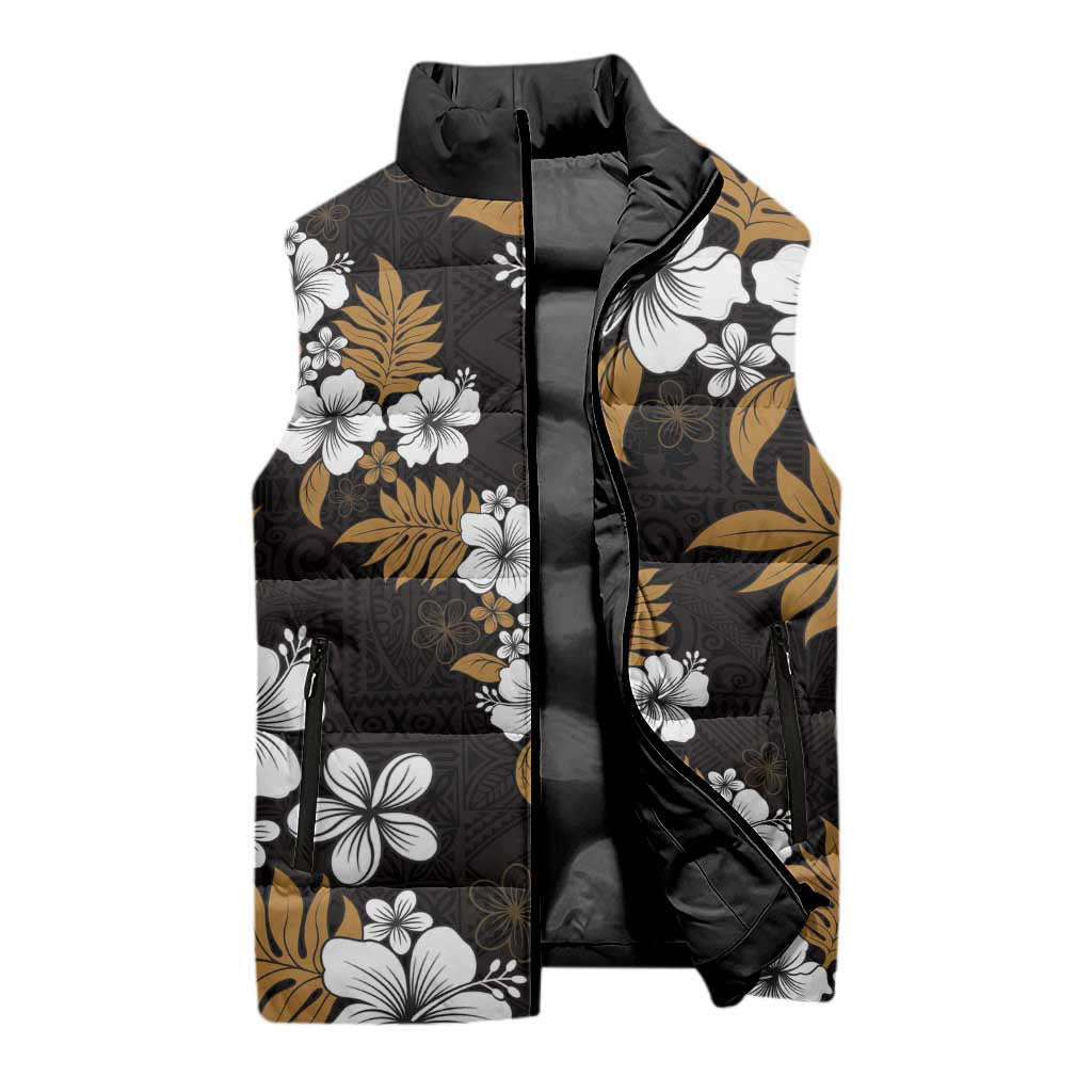 Hawaiian Hibiscus Tribal Floral Brown Sleeveless Puffer Jacket Polynesian Tapa Pattern - Polynesian Pride