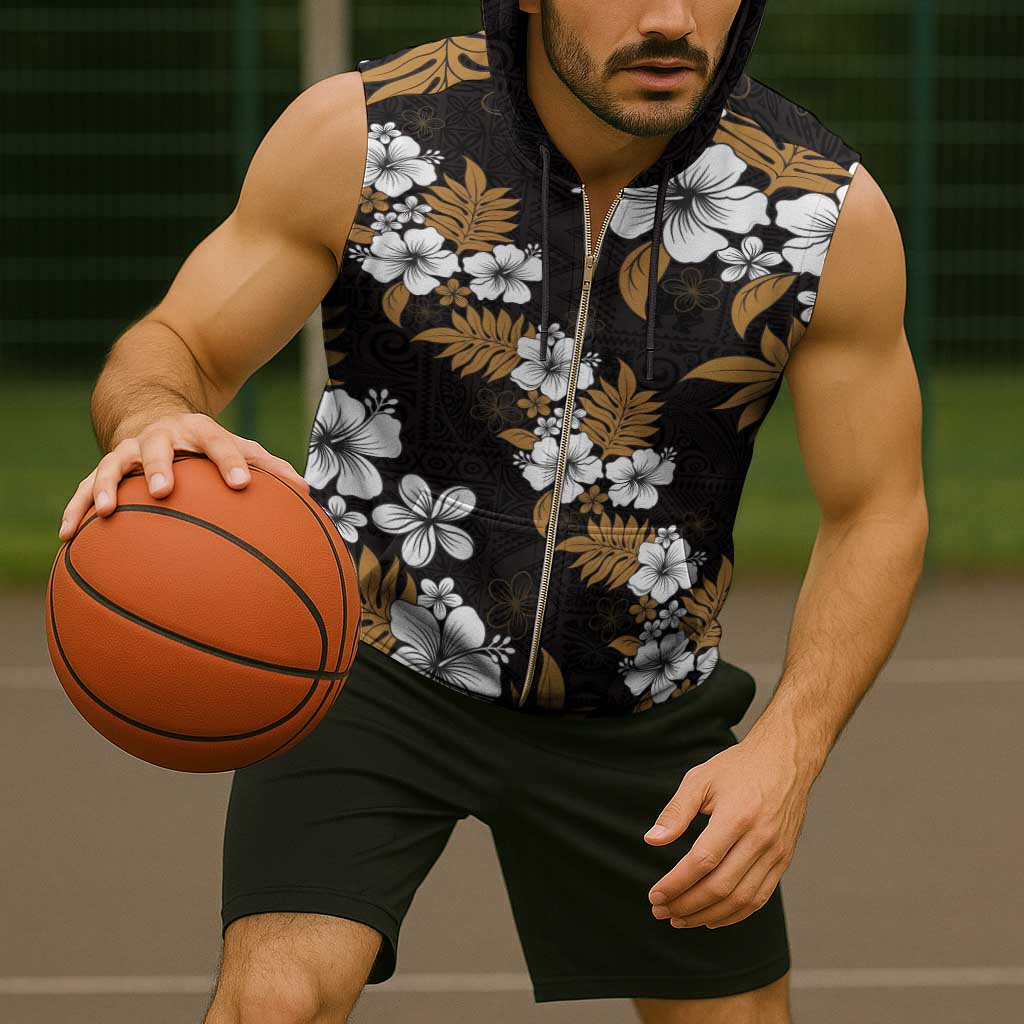 Hawaiian Hibiscus Tribal Floral Brown Sleeveless Zip Hoodie Polynesian Tapa Pattern - Polynesian Pride