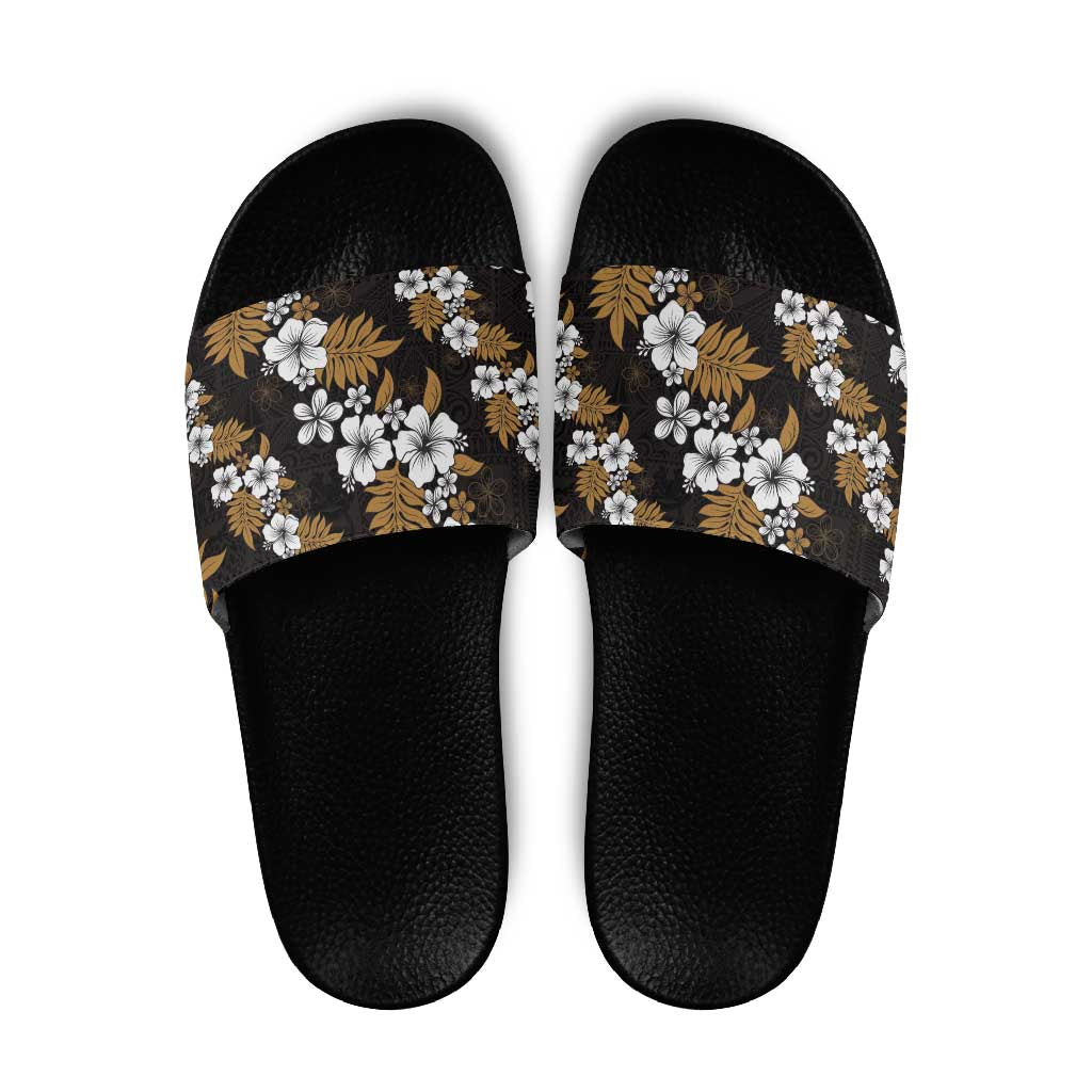 Hawaiian Hibiscus Tribal Floral Brown Slide Sandals Polynesian Tapa Pattern - Polynesian Pride