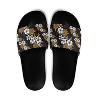 Hawaiian Hibiscus Tribal Floral Brown Slide Sandals Polynesian Tapa Pattern - Polynesian Pride