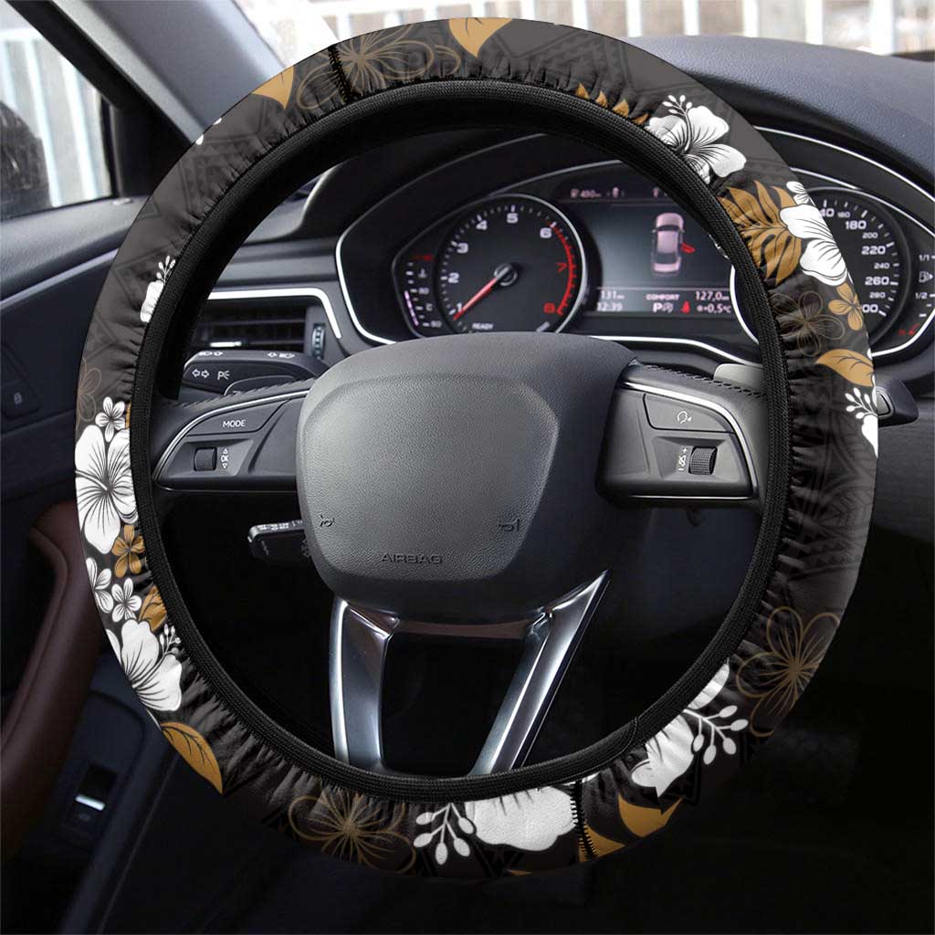 Hawaiian Hibiscus Tribal Floral Brown Steering Wheel Cover Polynesian Tapa Pattern - Polynesian Pride