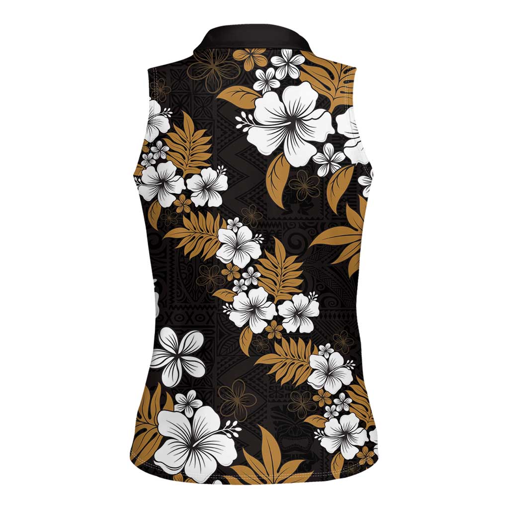 Hawaiian Hibiscus Tribal Floral Brown Women Sleeveless Polo Shirt Polynesian Tapa Pattern - Polynesian Pride