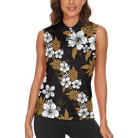 Hawaiian Hibiscus Tribal Floral Brown Women Sleeveless Polo Shirt Polynesian Tapa Pattern - Polynesian Pride