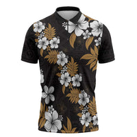 Hawaiian Hibiscus Tribal Floral Brown Zipper Polo Shirt Polynesian Tapa Pattern - Polynesian Pride