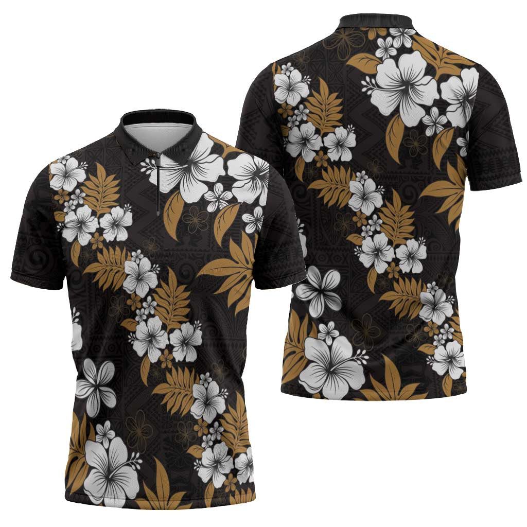 Hawaiian Hibiscus Tribal Floral Brown Zipper Polo Shirt Polynesian Tapa Pattern - Polynesian Pride