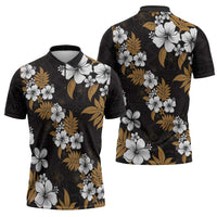 Hawaiian Hibiscus Tribal Floral Brown Zipper Polo Shirt Polynesian Tapa Pattern - Polynesian Pride