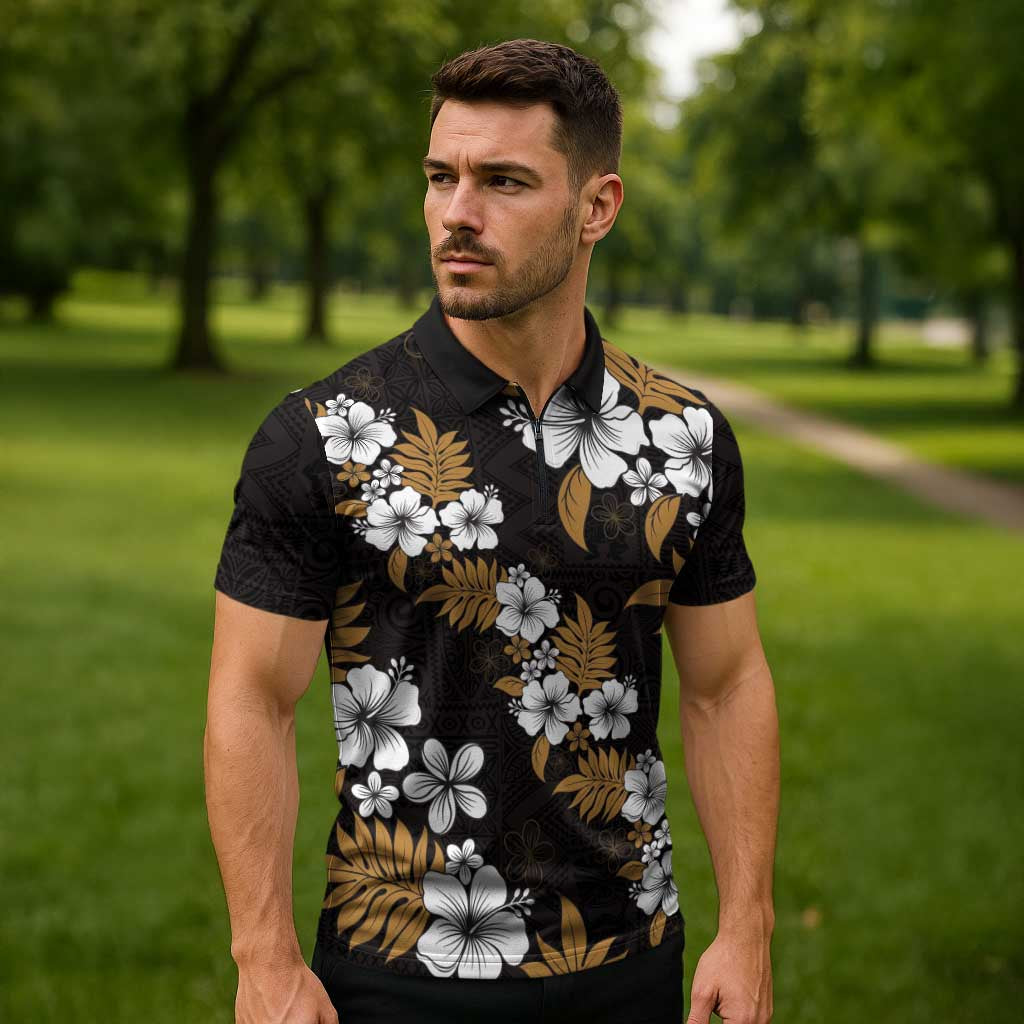 Hawaiian Hibiscus Tribal Floral Brown Zipper Polo Shirt Polynesian Tapa Pattern - Polynesian Pride