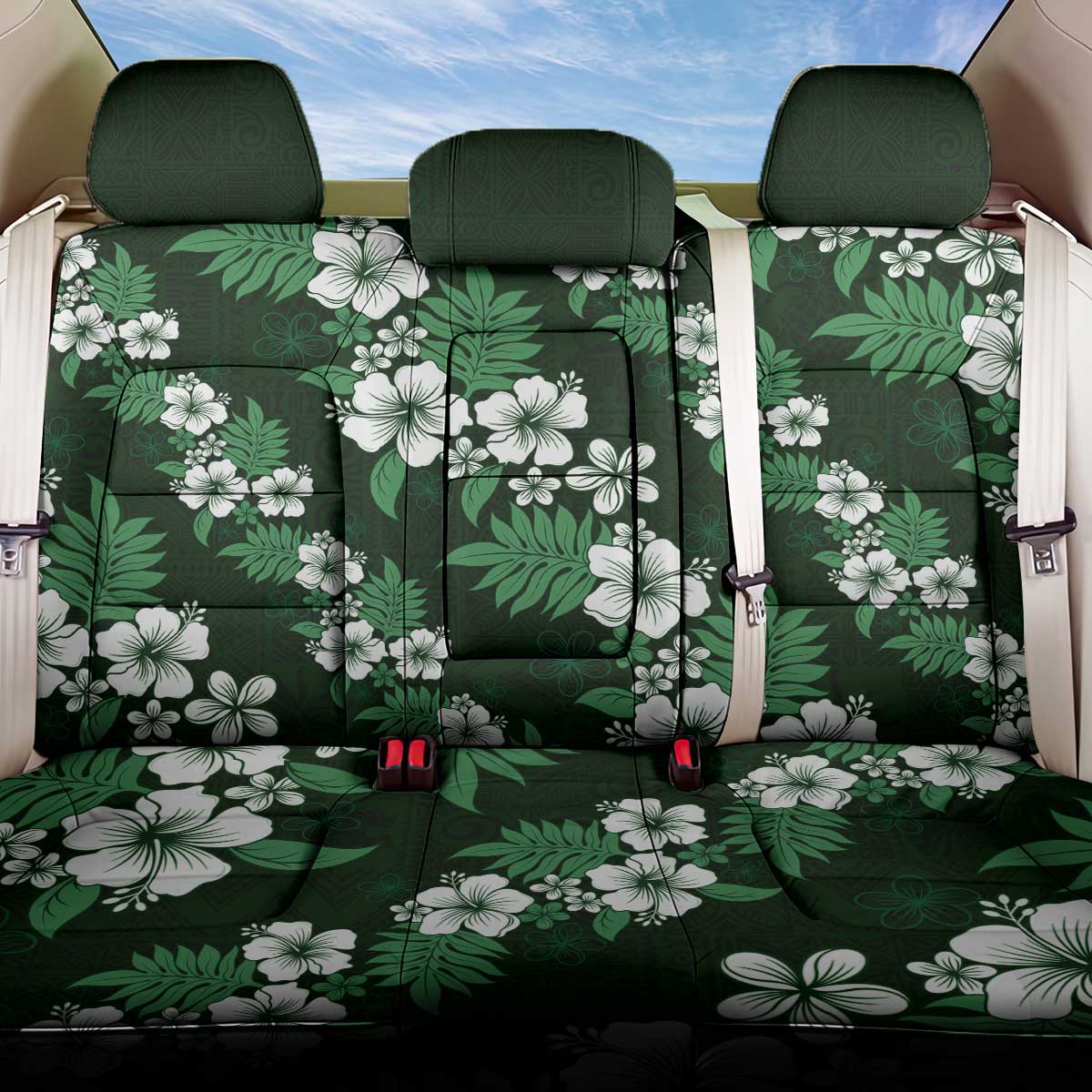 Hawaiian Hibiscus Tribal Floral Green Back Car Seat Cover Polynesian Tapa Pattern - Polynesian Pride