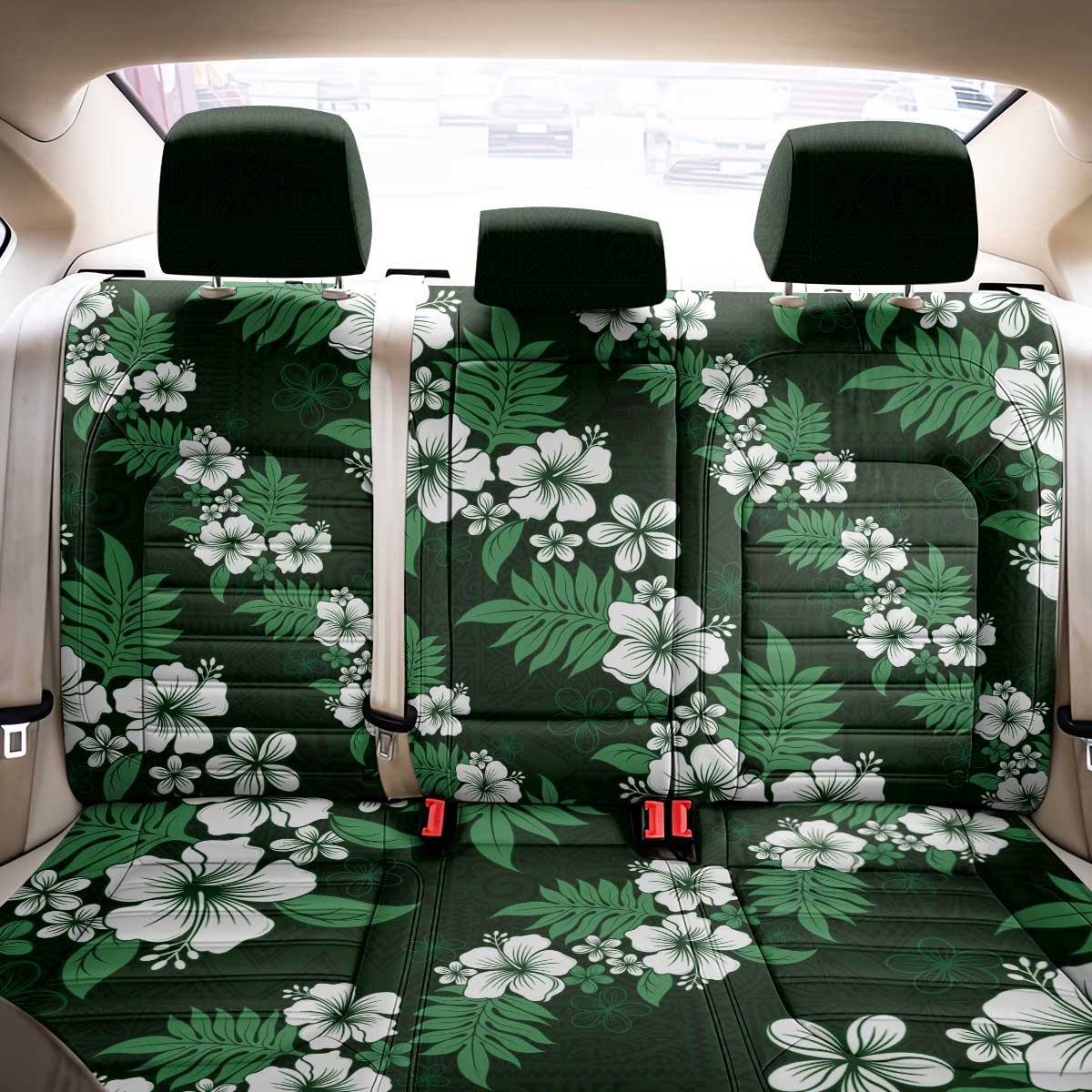 Hawaiian Hibiscus Tribal Floral Green Back Car Seat Cover Polynesian Tapa Pattern - Polynesian Pride
