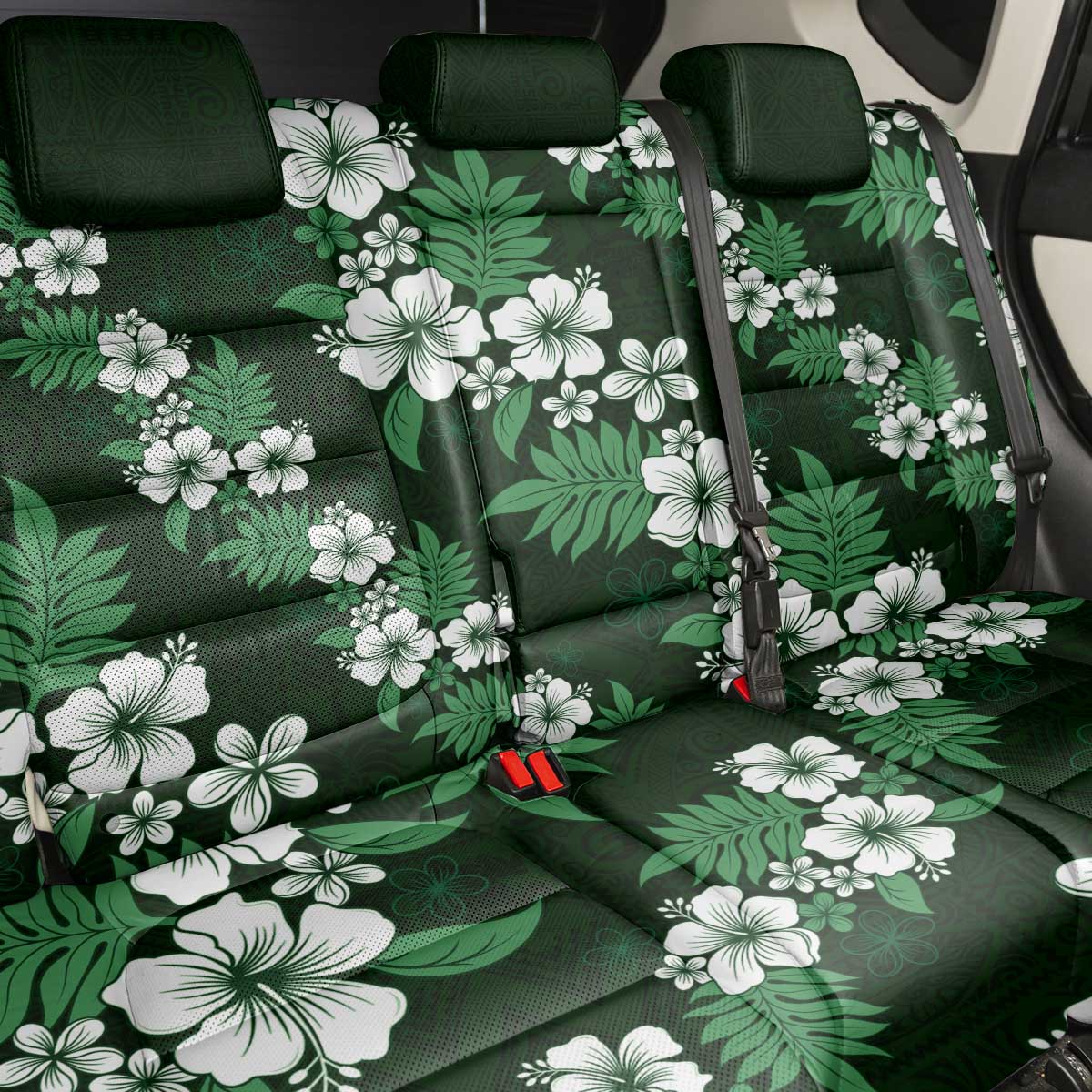 Hawaiian Hibiscus Tribal Floral Green Back Car Seat Cover Polynesian Tapa Pattern - Polynesian Pride