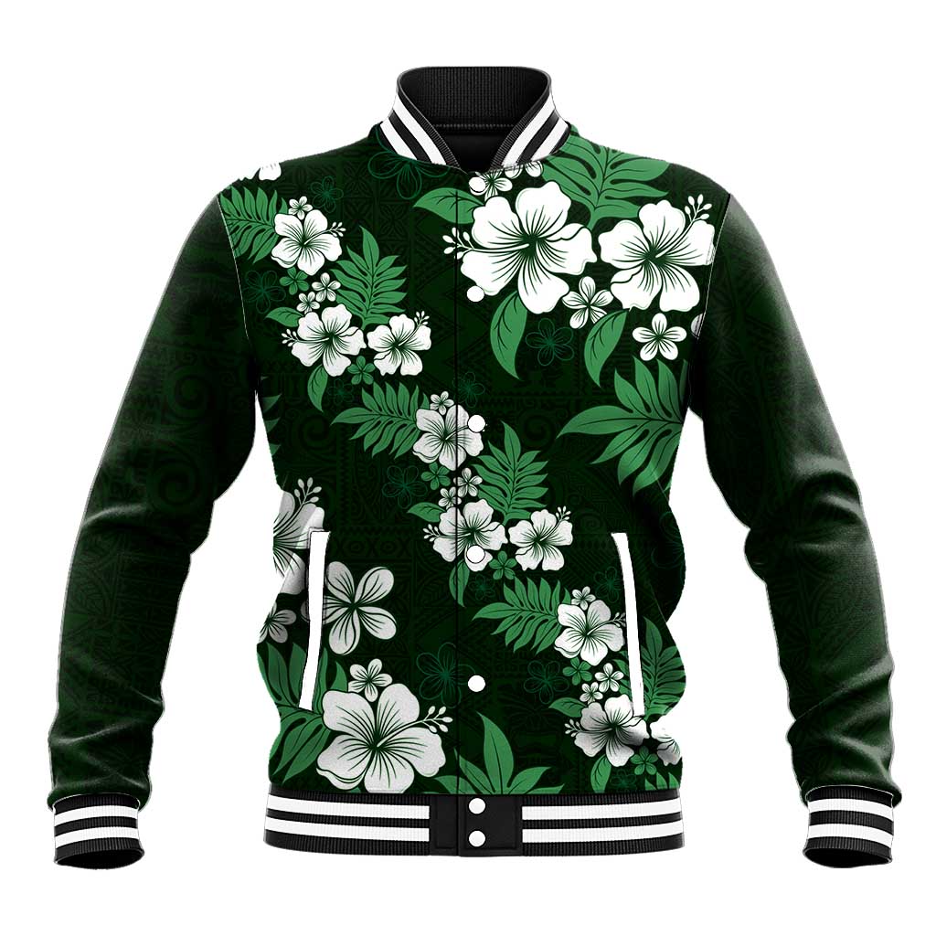 Hawaiian Hibiscus Tribal Floral Green Baseball Jacket Polynesian Tapa Pattern - Polynesian Pride
