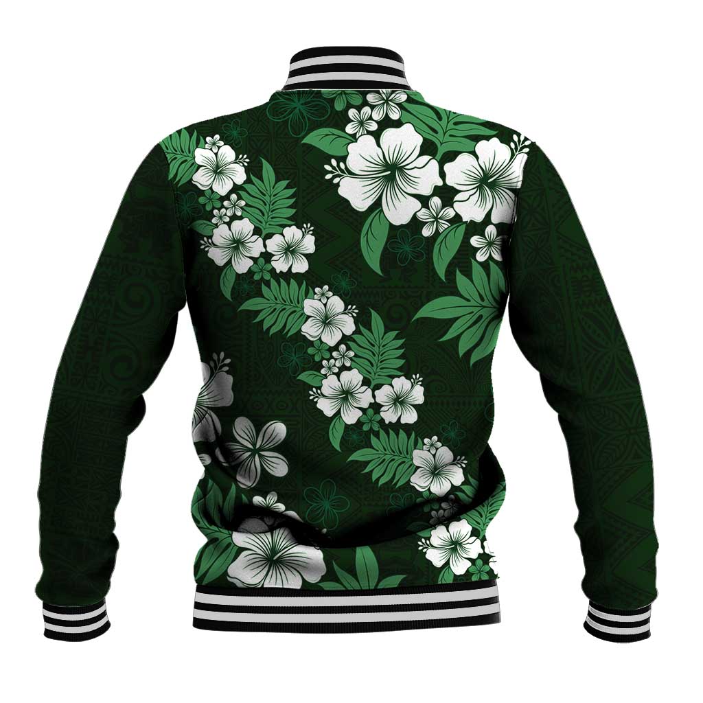 Hawaiian Hibiscus Tribal Floral Green Baseball Jacket Polynesian Tapa Pattern - Polynesian Pride