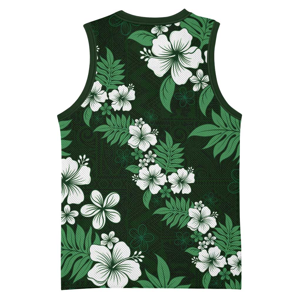 Hawaiian Hibiscus Tribal Floral Green Basketball Jersey Polynesian Tapa Pattern - Polynesian Pride