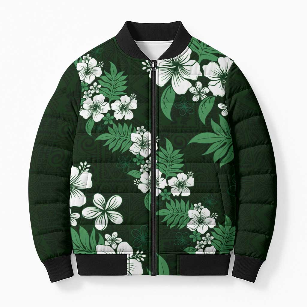 Hawaiian Hibiscus Tribal Floral Green Bomber Puffer Jacket Polynesian Tapa Pattern - Polynesian Pride