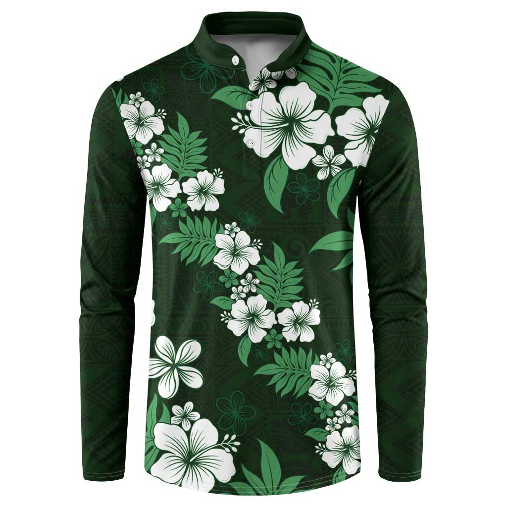 Hawaiian Hibiscus Tribal Floral Green Button Sweatshirt Polynesian Tapa Pattern - Polynesian Pride