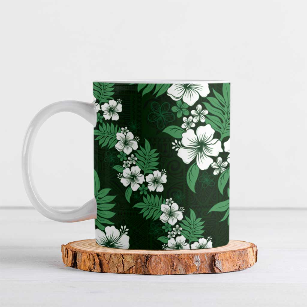 Hawaiian Hibiscus Tribal Floral Green Ceramic Mug Polynesian Tapa Pattern - Polynesian Pride