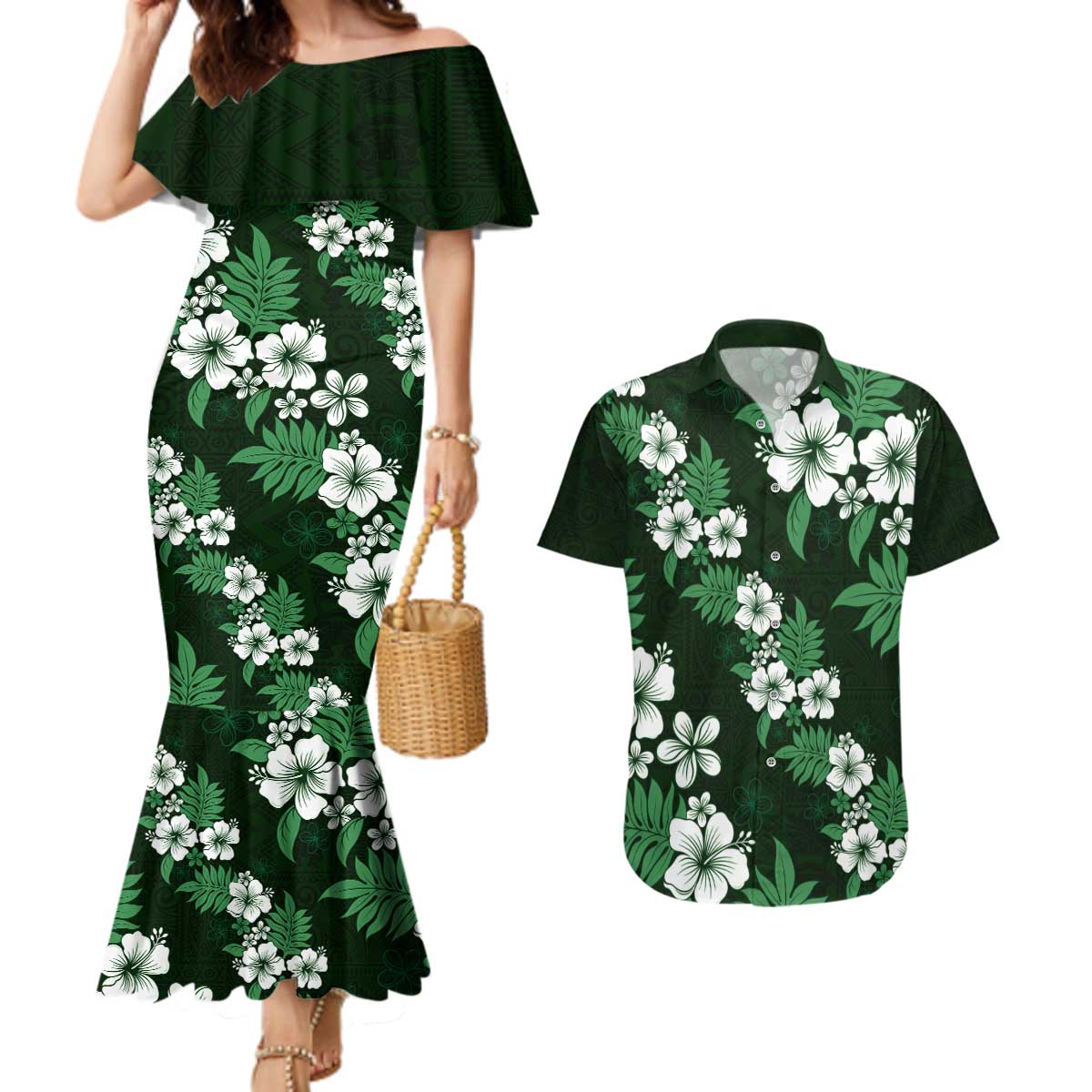 Hawaiian Hibiscus Tribal Floral Green Couples Matching Mermaid Dress and Hawaiian Shirt Polynesian Tapa Pattern - Polynesian Pride