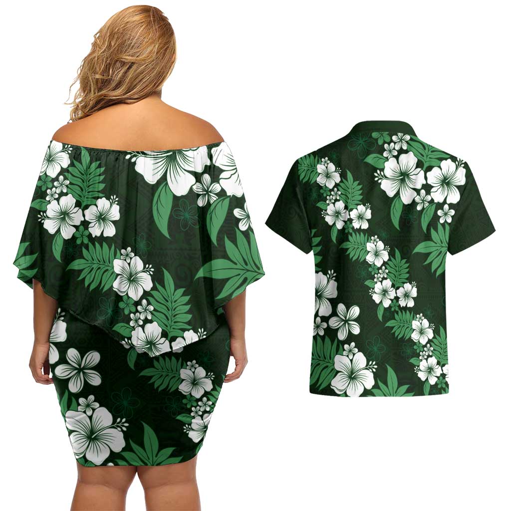 Hawaiian Hibiscus Tribal Floral Green Couples Matching Off Shoulder Short Dress and Hawaiian Shirt Polynesian Tapa Pattern - Polynesian Pride