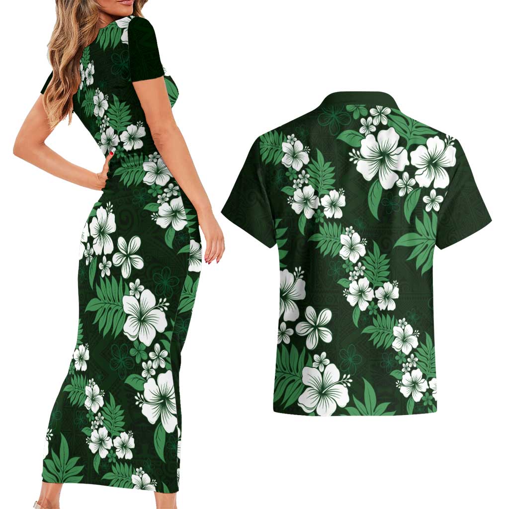 Hawaiian Hibiscus Tribal Floral Green Couples Matching Short Sleeve Bodycon Dress and Hawaiian Shirt Polynesian Tapa Pattern - Polynesian Pride
