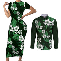 Hawaiian Hibiscus Tribal Floral Green Couples Matching Short Sleeve Bodycon Dress and Long Sleeve Button Shirt Polynesian Tapa Pattern - Polynesian Pride