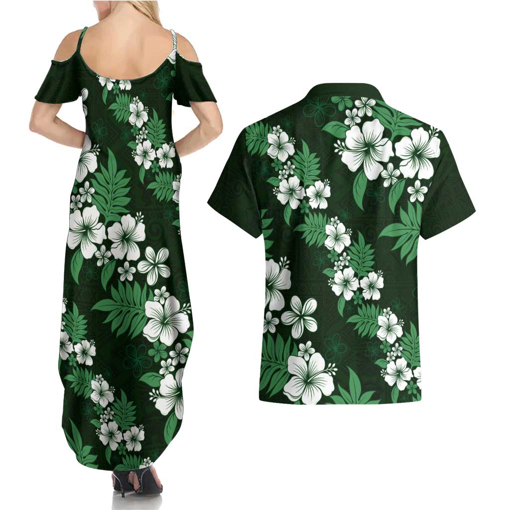 Hawaiian Hibiscus Tribal Floral Green Couples Matching Summer Maxi Dress and Hawaiian Shirt Polynesian Tapa Pattern - Polynesian Pride