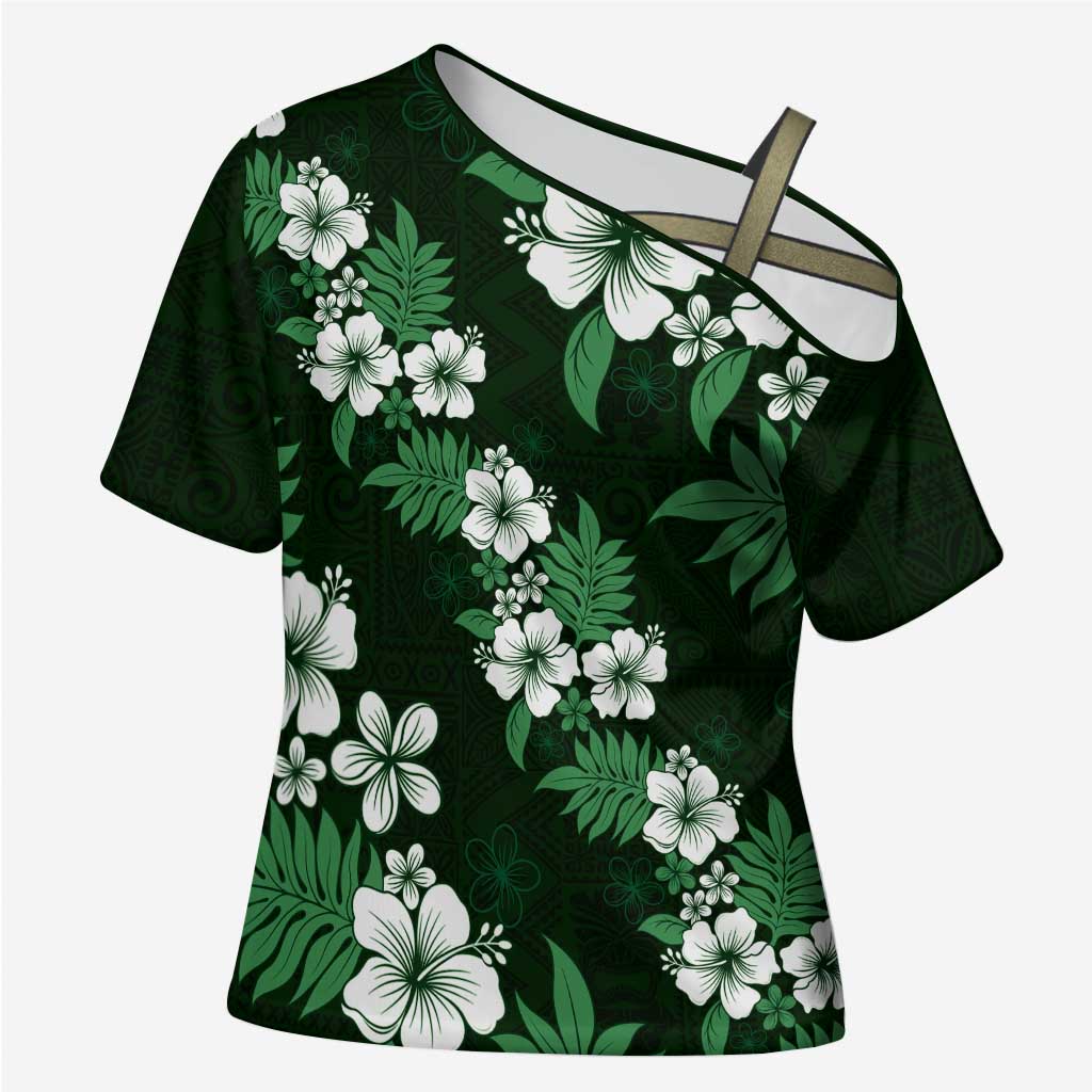Hawaiian Hibiscus Tribal Floral Green Cross Shoulder Shirt Polynesian Tapa Pattern - Polynesian Pride