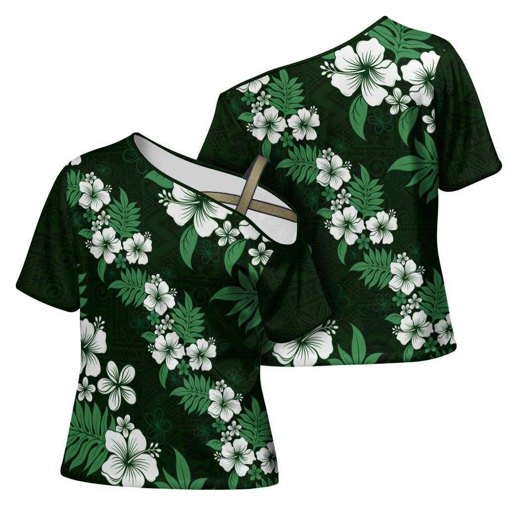 Hawaiian Hibiscus Tribal Floral Green Cross Shoulder Shirt Polynesian Tapa Pattern - Polynesian Pride