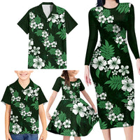 Hawaiian Hibiscus Tribal Floral Green Family Matching Long Sleeve Bodycon Dress and Hawaiian Shirt Polynesian Tapa Pattern - Polynesian Pride