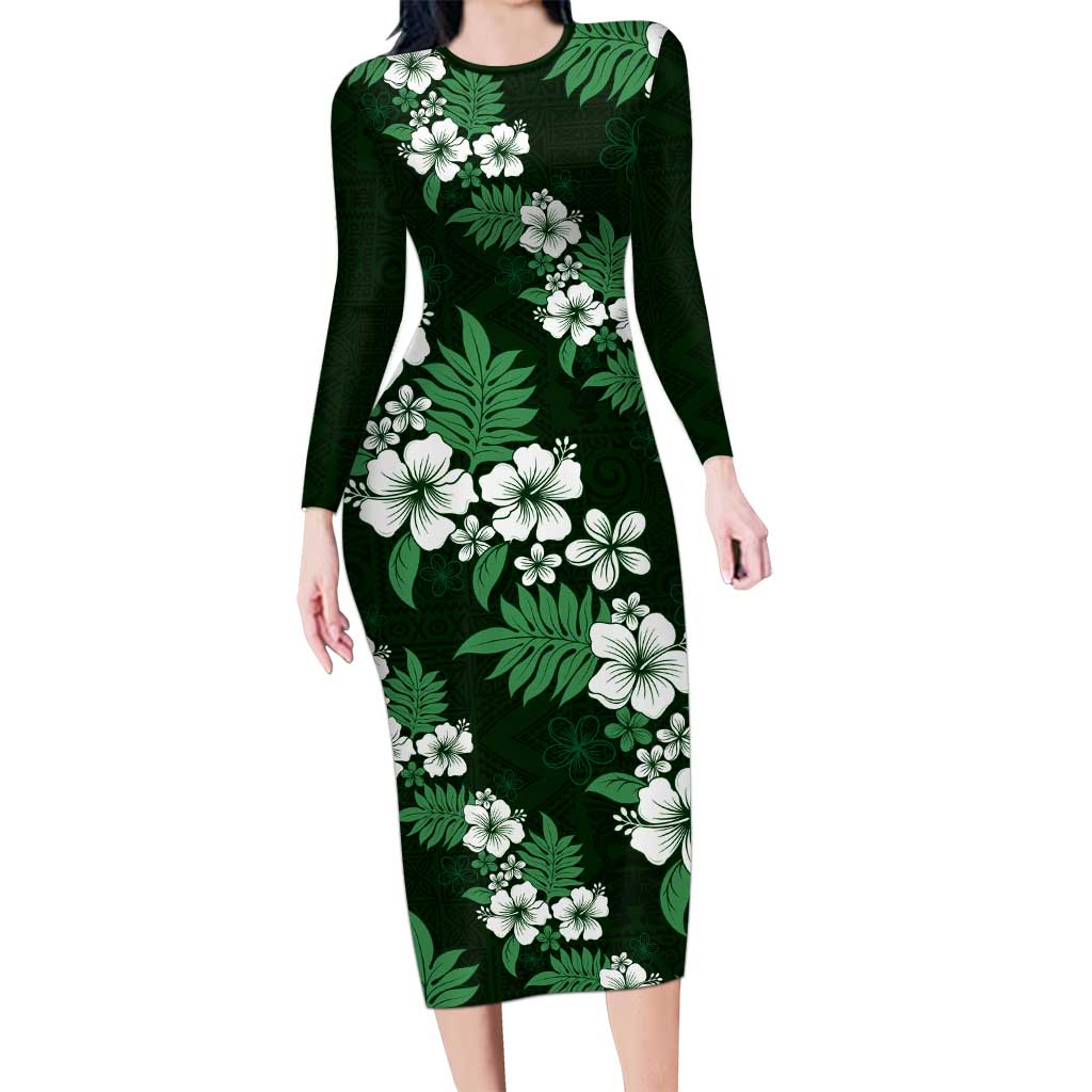 Hawaiian Hibiscus Tribal Floral Green Family Matching Long Sleeve Bodycon Dress and Hawaiian Shirt Polynesian Tapa Pattern - Polynesian Pride