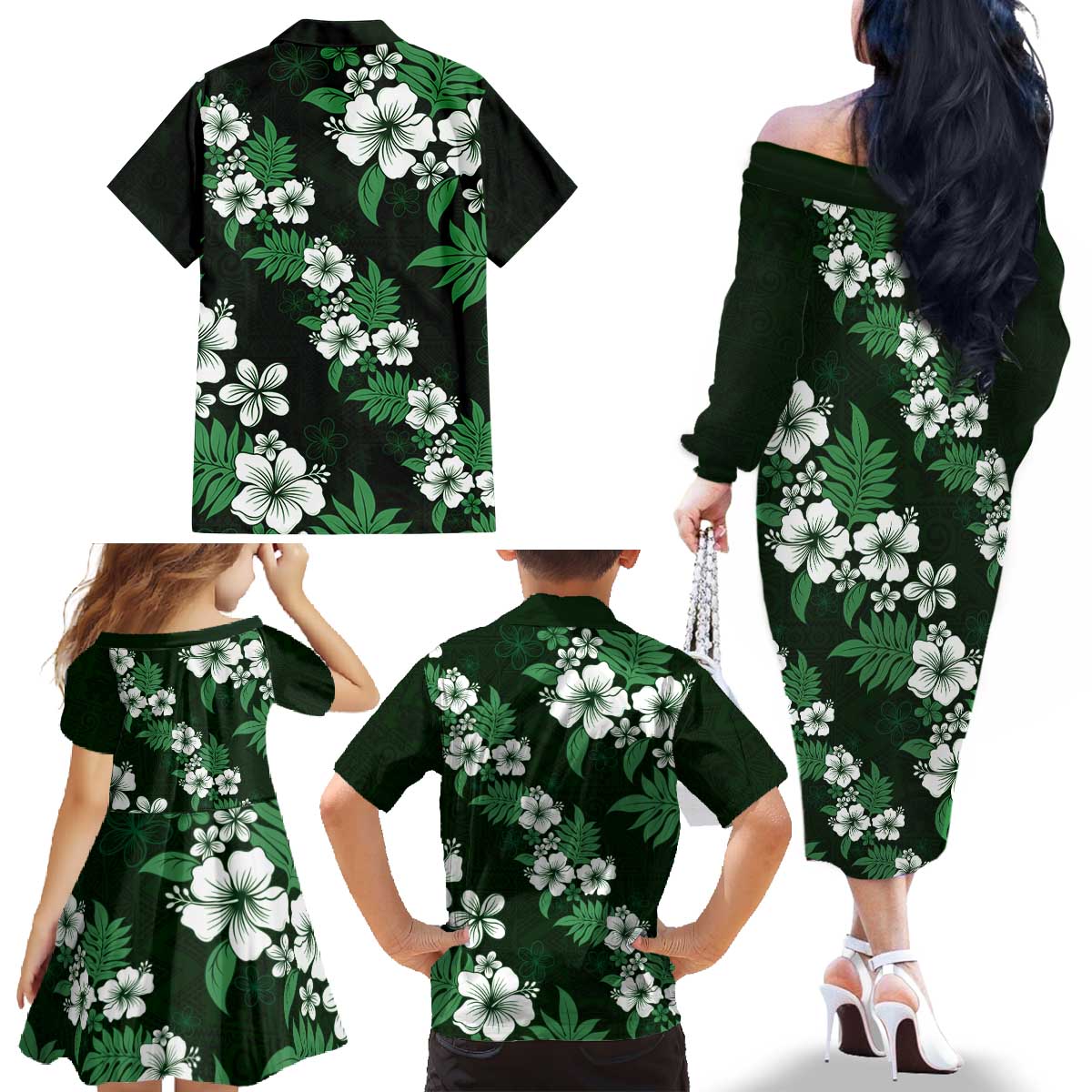 Hawaiian Hibiscus Tribal Floral Green Family Matching Off The Shoulder Long Sleeve Dress and Hawaiian Shirt Polynesian Tapa Pattern - Polynesian Pride