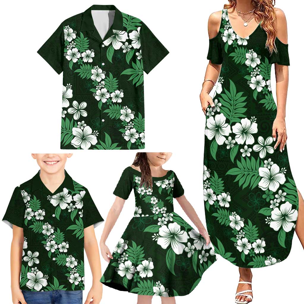 Hawaiian Hibiscus Tribal Floral Green Family Matching Summer Maxi Dress and Hawaiian Shirt Polynesian Tapa Pattern - Polynesian Pride