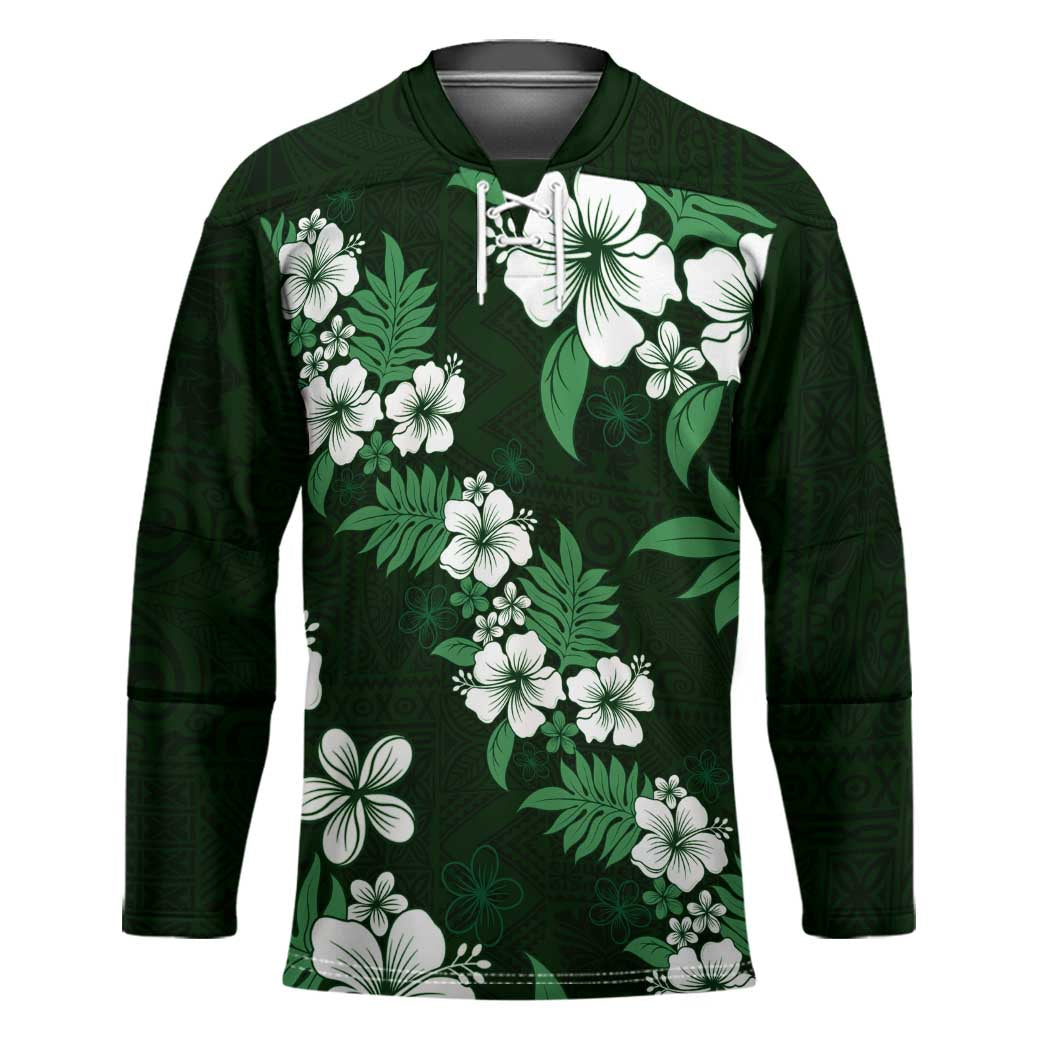 Hawaiian Hibiscus Tribal Floral Green Hockey Jersey Polynesian Tapa Pattern - Polynesian Pride