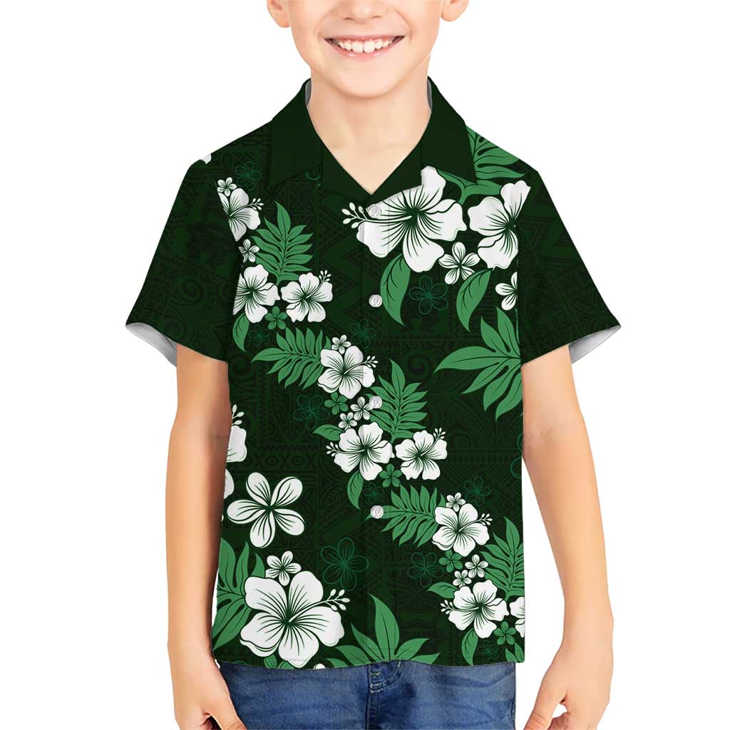 Hawaiian Hibiscus Tribal Floral Green Kid Hawaiian Shirt Polynesian Tapa Pattern - Polynesian Pride